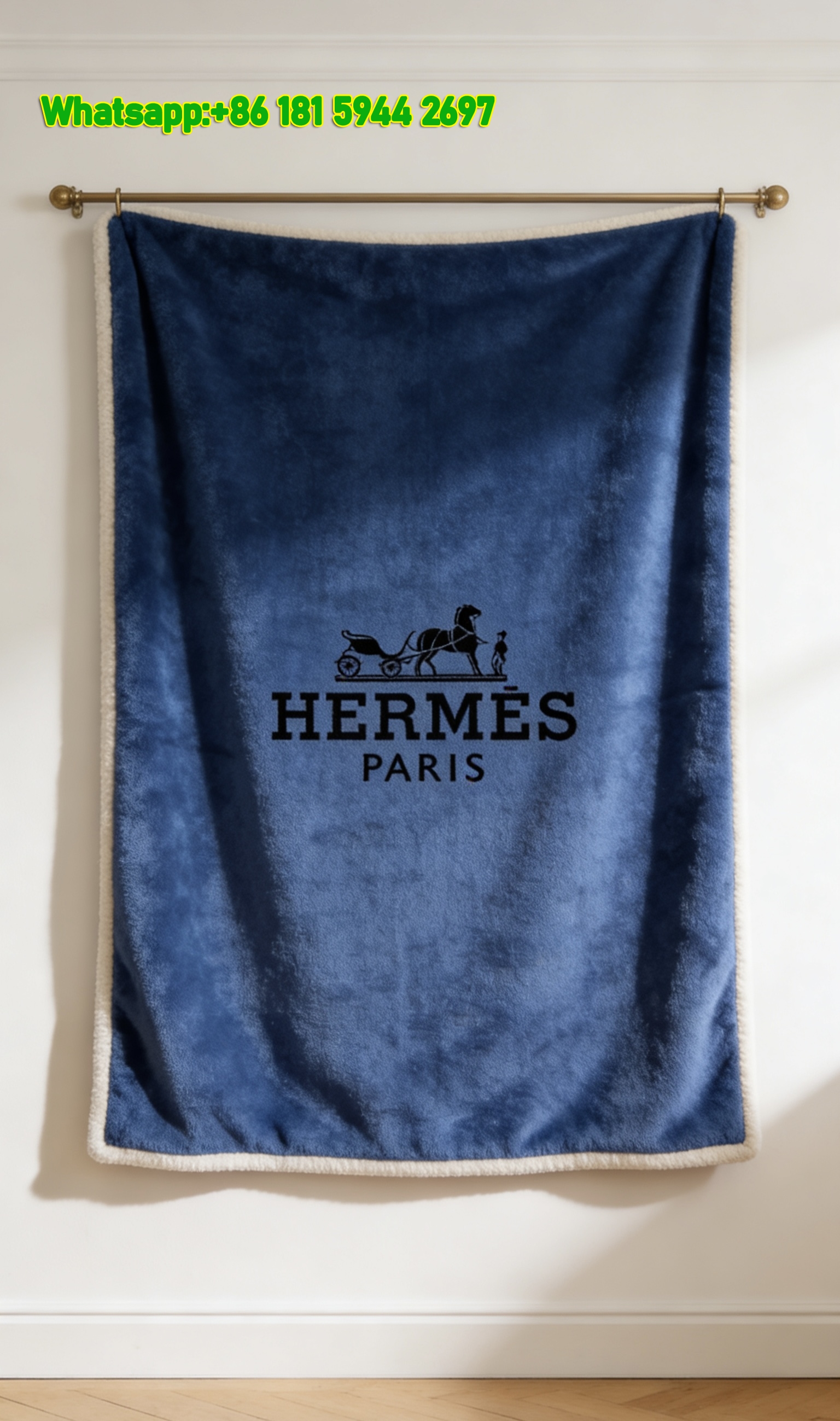 Hermès Paris Carriage Crest Blue Flannel Throw Blanket IMG_5076